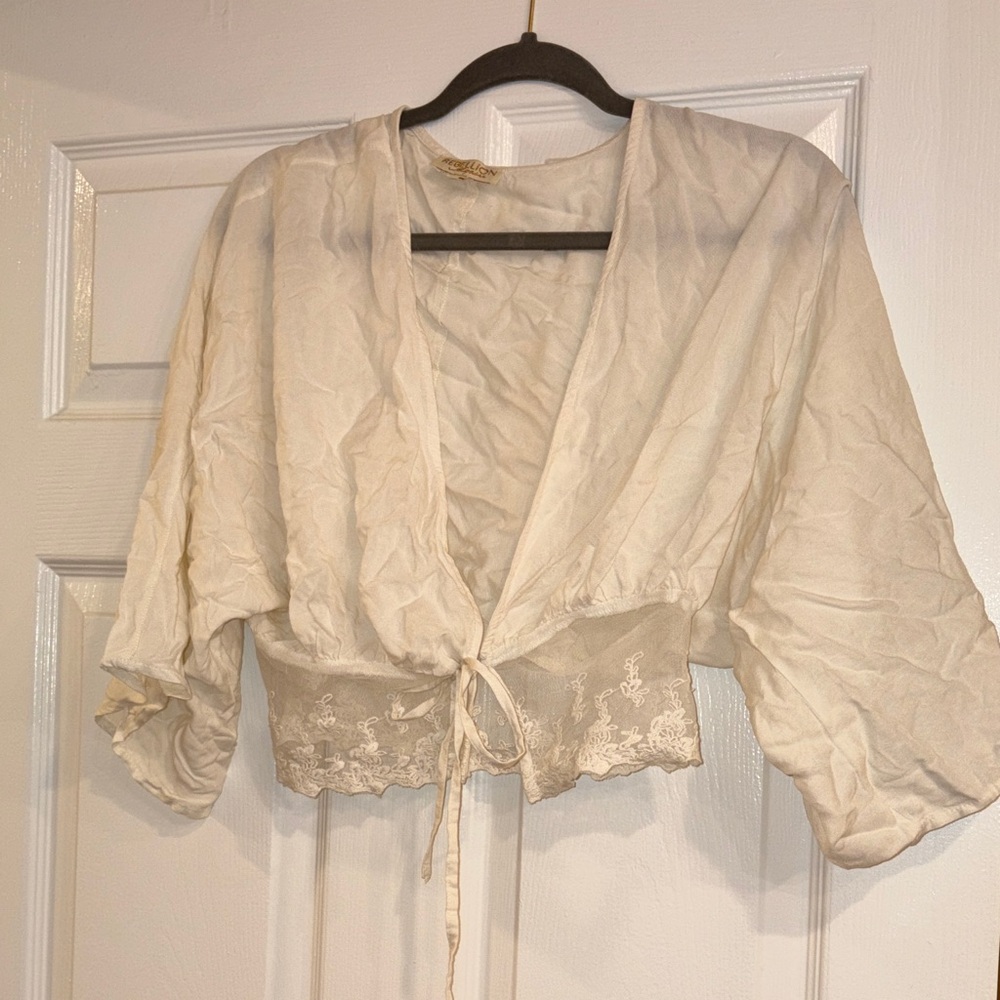 Urban Outfitters Cream Cropped Tie-Front Tunic